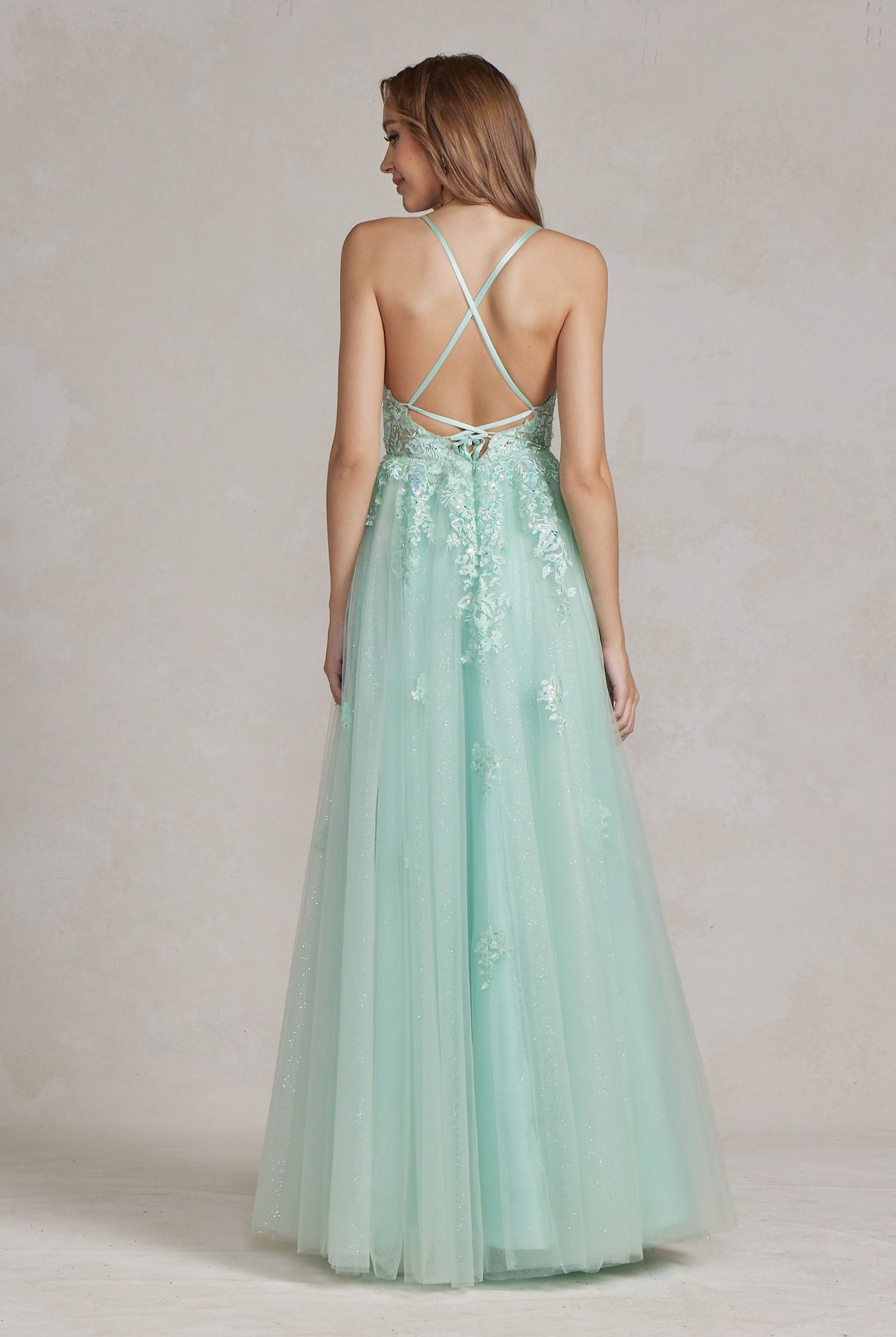 Embellished Applique V-Neck Side Slit Tulle Skirt Long Prom Dress NXT1081-All Dresses, Prom-smcfashion.com