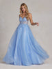 Embroidered Bodice Illusion V-Neck Spaghetti Straps A-Line Long Prom Dress NXT1083