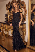 Off Shoulder Sweetheart Open Back Mermaid Feather Embellished Long Prom Dress NXC1106-Prom Dress-smcfashion.com