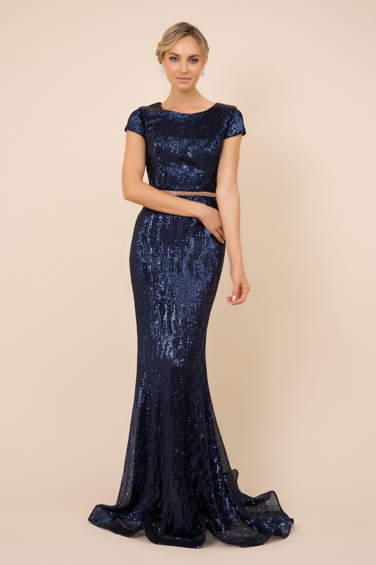 Short Sleeves Mermaid Embellished Sequin Close Back Long Evening Dress NXF338-Evening Dress-smcfashion.com