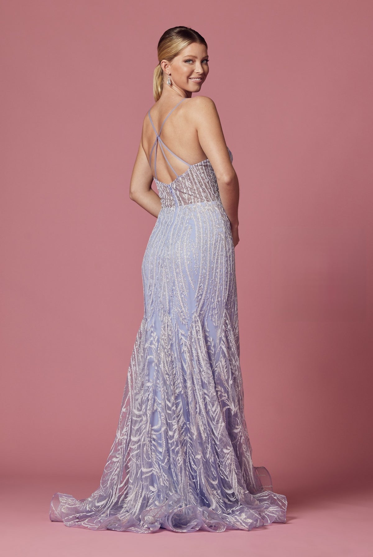 Embroidered Lace Glitter Illusion V-Neck Long Prom & Bridesmaid Dress NXT1010-Prom Dress-smcfashion.com