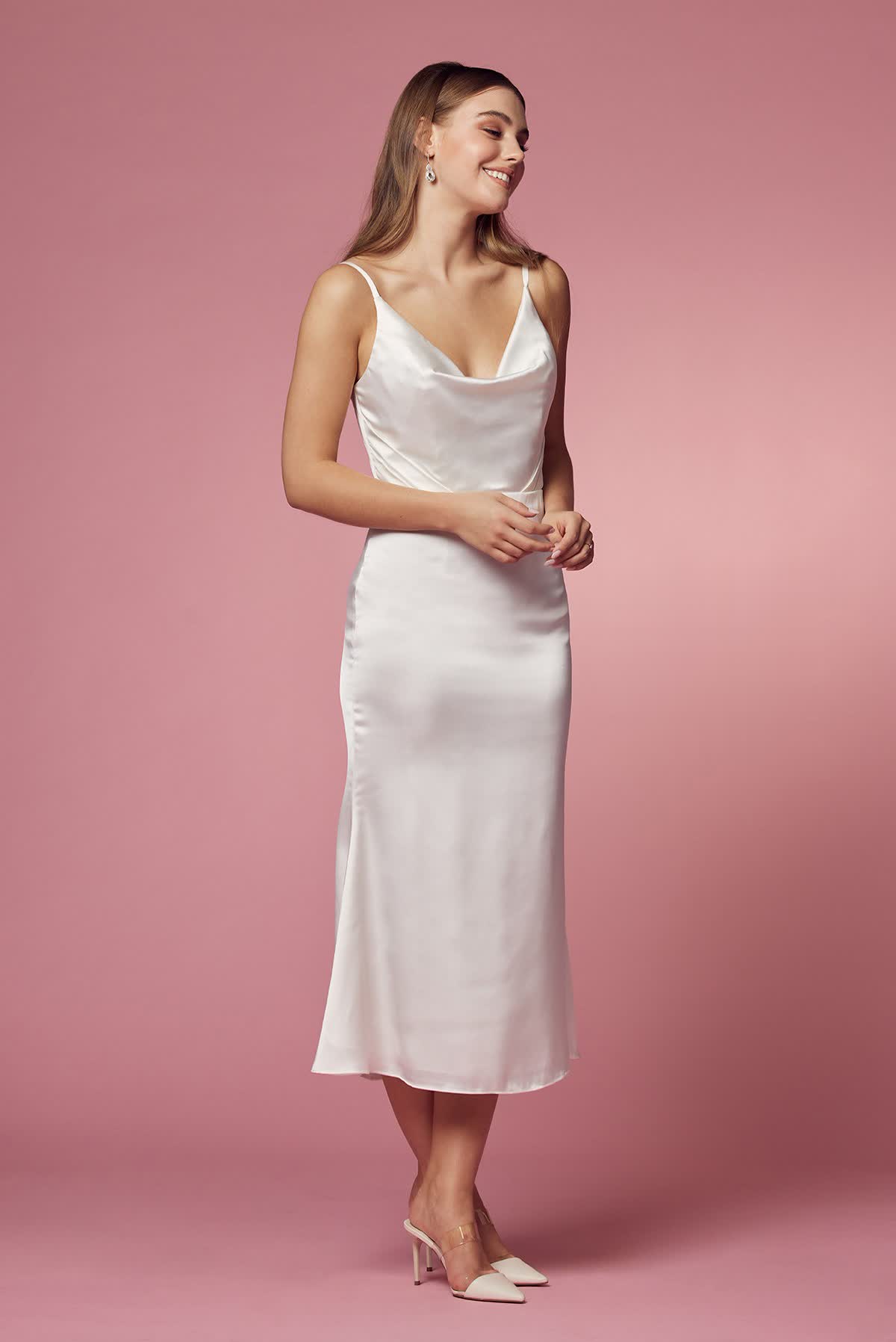 Cowl Neck Open Back Satin Midi Wedding Dress NXR1027W-Wedding Dress-smcfashion.com