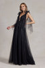 Tulle Skirt Deep Illusion V-Neck Embroidered Lace Long Prom Dress NXE1075