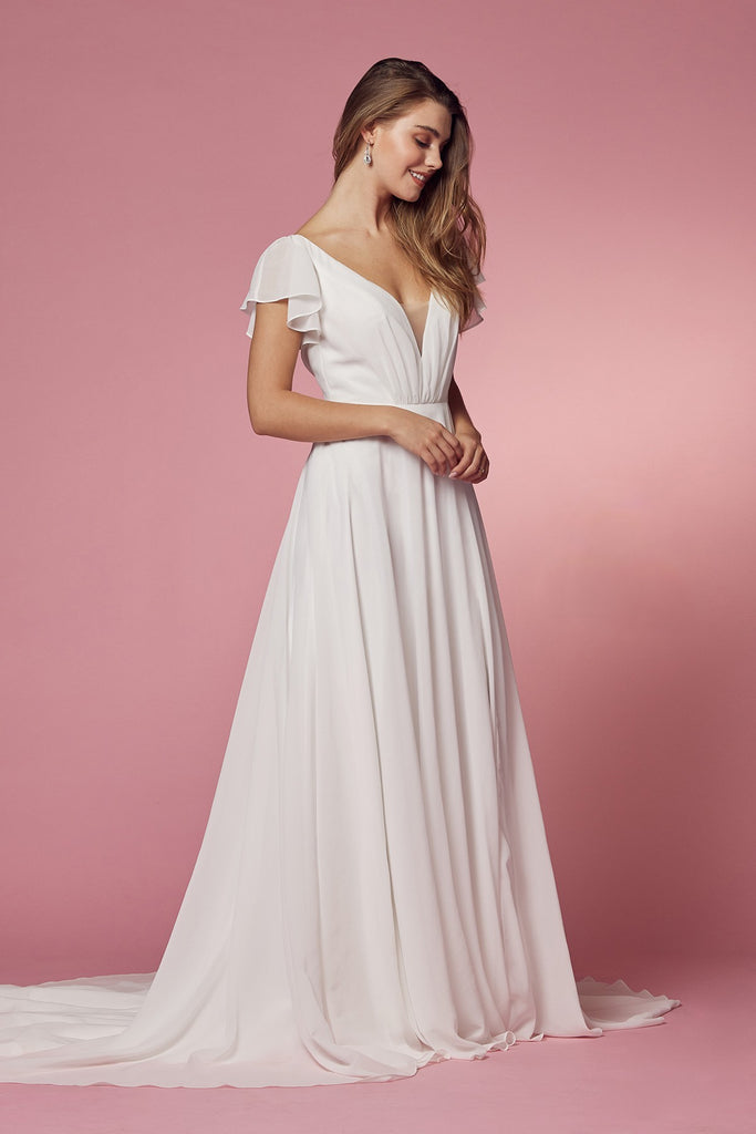 Cross V-Neck Cut Out Short Sleeves A-Line Plus Size Long Wedding Dress NXR471P