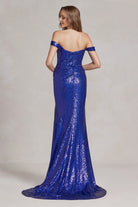 Off Shoulder Embroidered Sequins Open Back Long Prom Dress NXR1203-Prom Dress-smcfashion.com