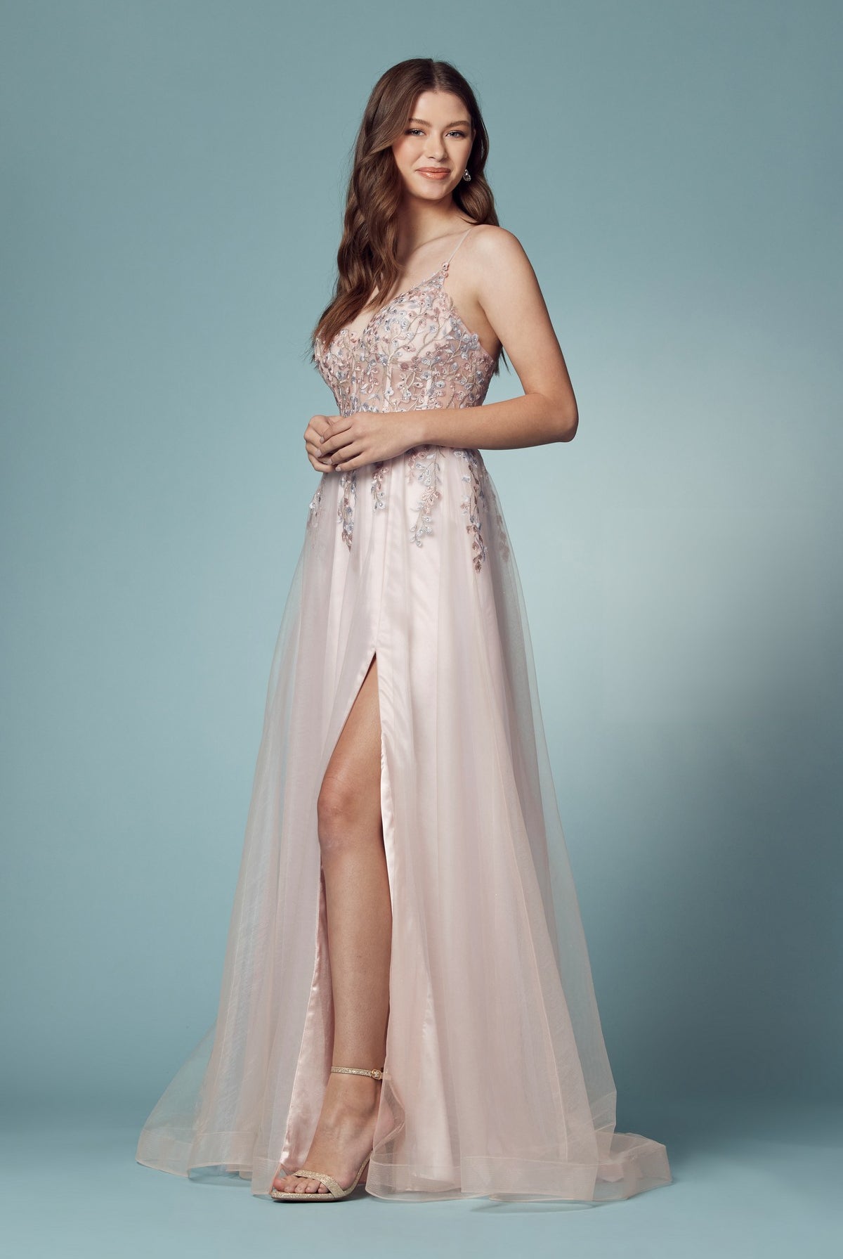Embroidered Bodice Open Back High Slit Long Prom Dress NXS1015-Prom Dress-smcfashion.com