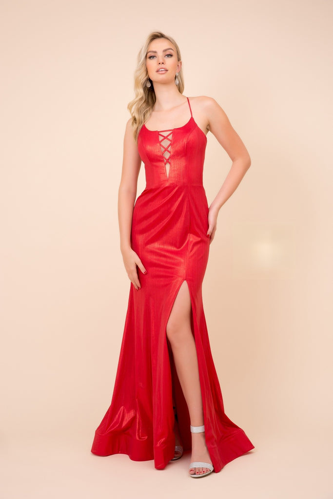 Silky And Shiny Criss Crossed Neck Open Back Long Evening Dress NXM413