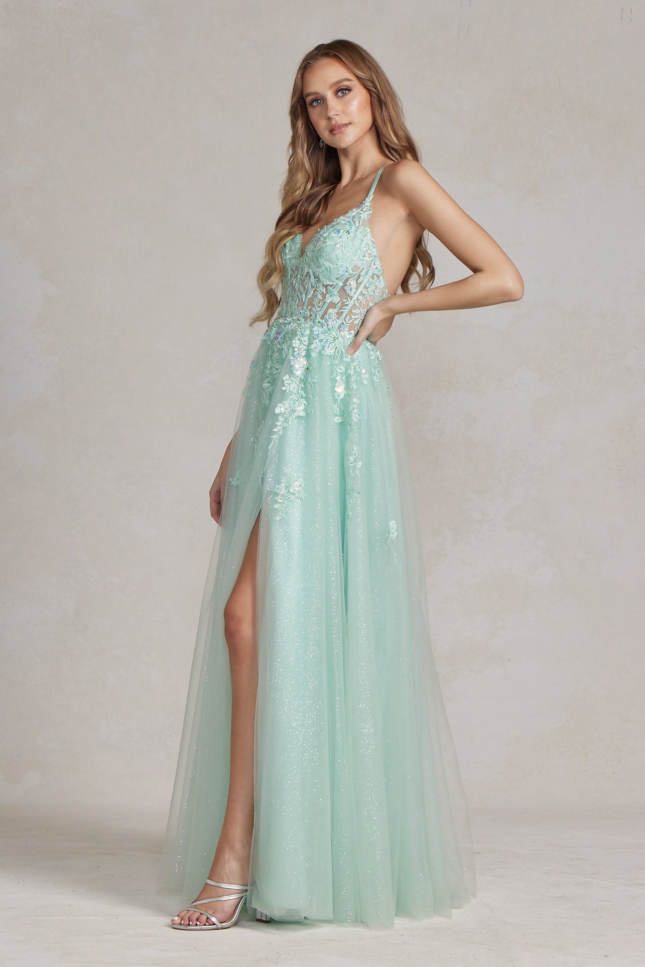 Embellished Applique V-Neck Side Slit Tulle Skirt Long Prom Dress NXT1081-All Dresses, Prom-smcfashion.com
