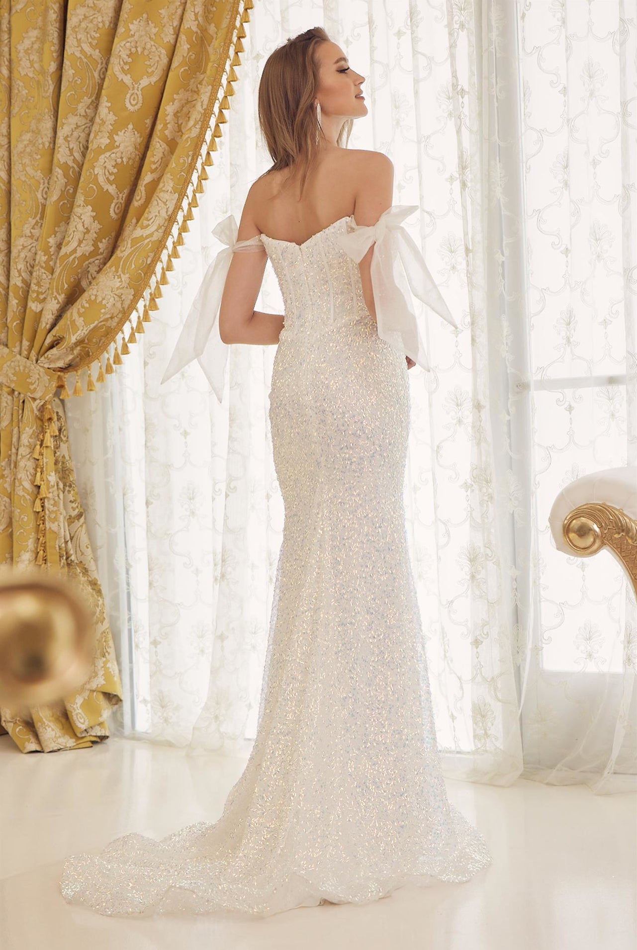 Embroidered Sequins Off Shoulder Long Wedding Dress NXC1095-Wedding Dress-smcfashion.com