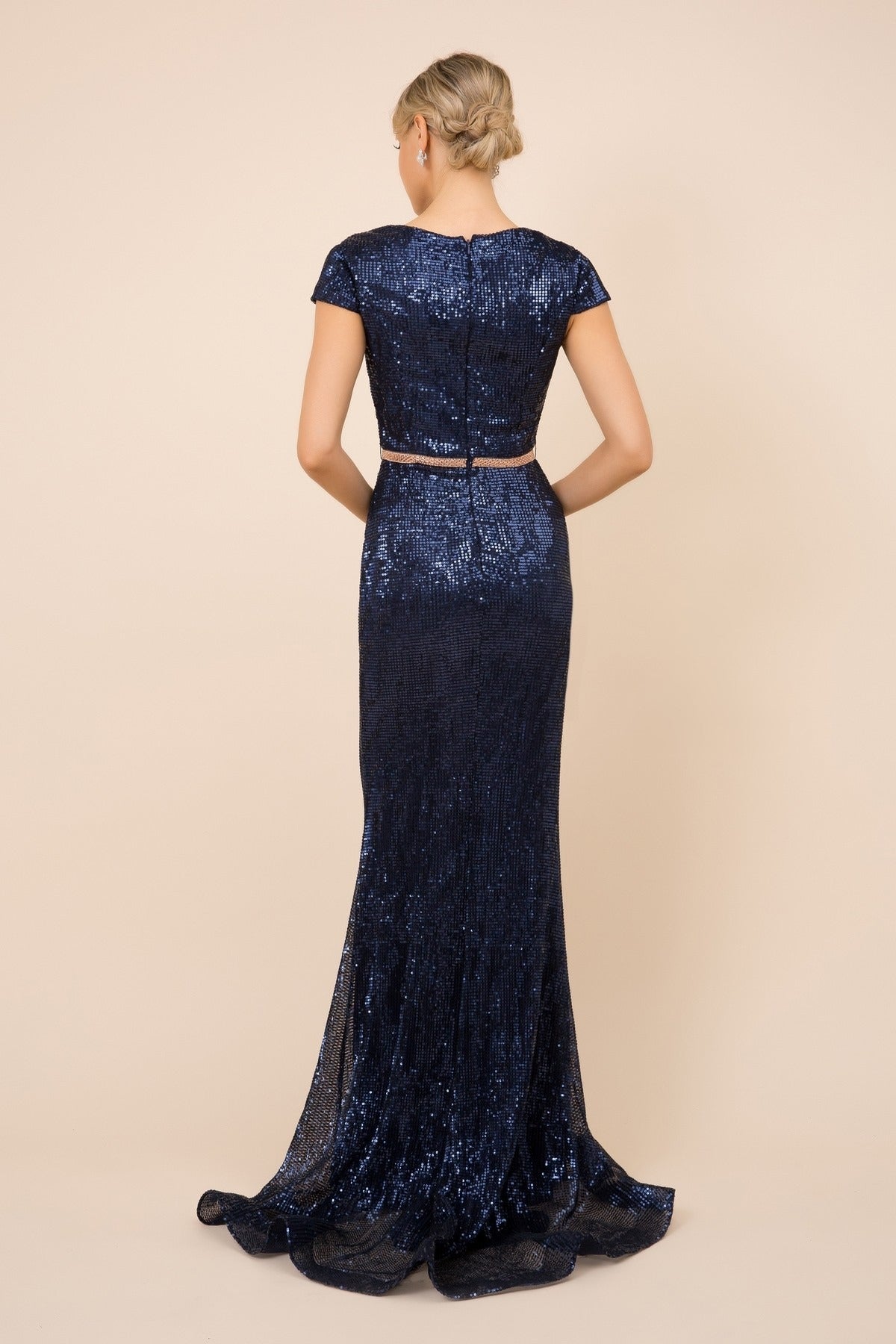 Short Sleeves Mermaid Embellished Sequin Close Back Long Evening Dress NXF338-Evening Dress-smcfashion.com