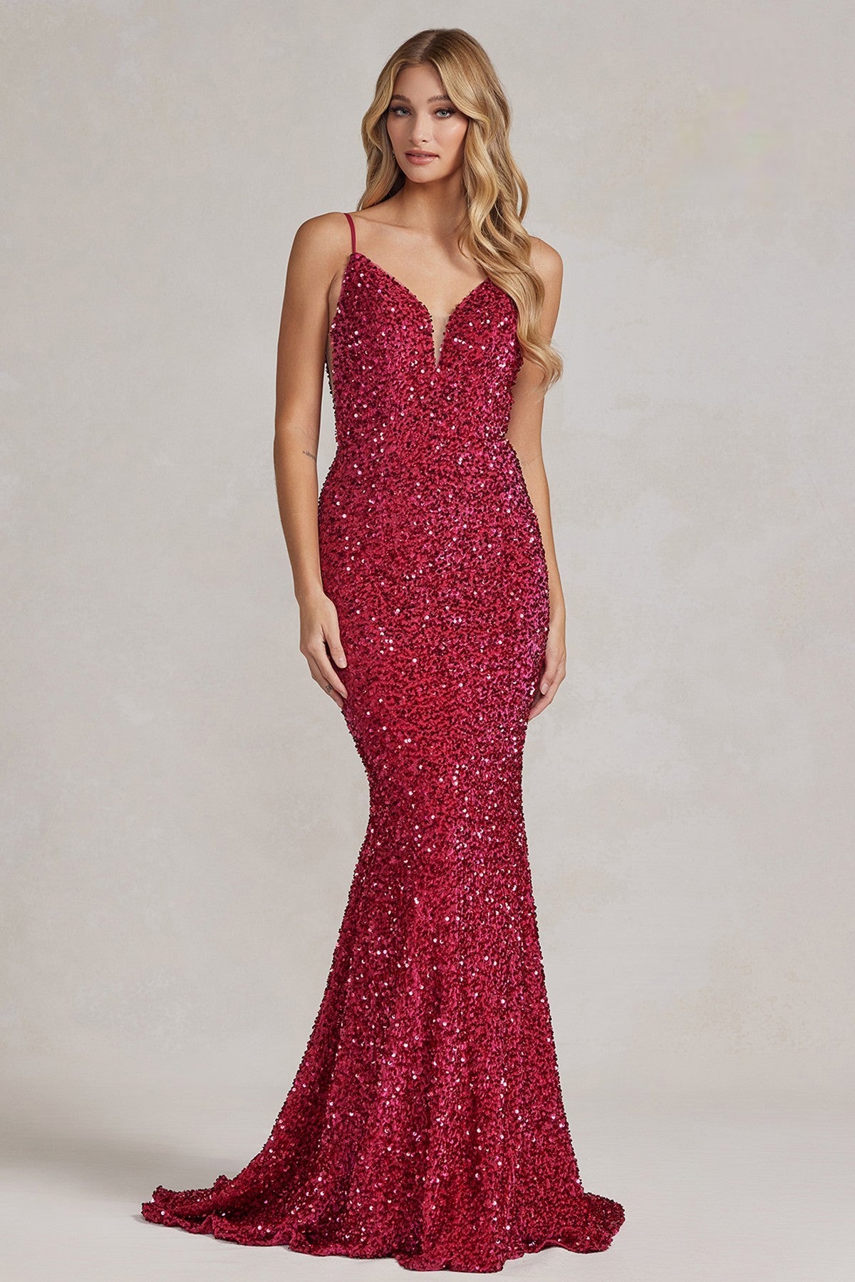 Mermaid Embroidered Sequins Sleeveless Open V-Back Long Evening Dress NXR1071-Evening Dress-smcfashion.com