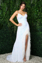Embroidered Sequin Feather Skirt Side Slit Long Prom Dress NXR1059-Prom Dress-smcfashion.com