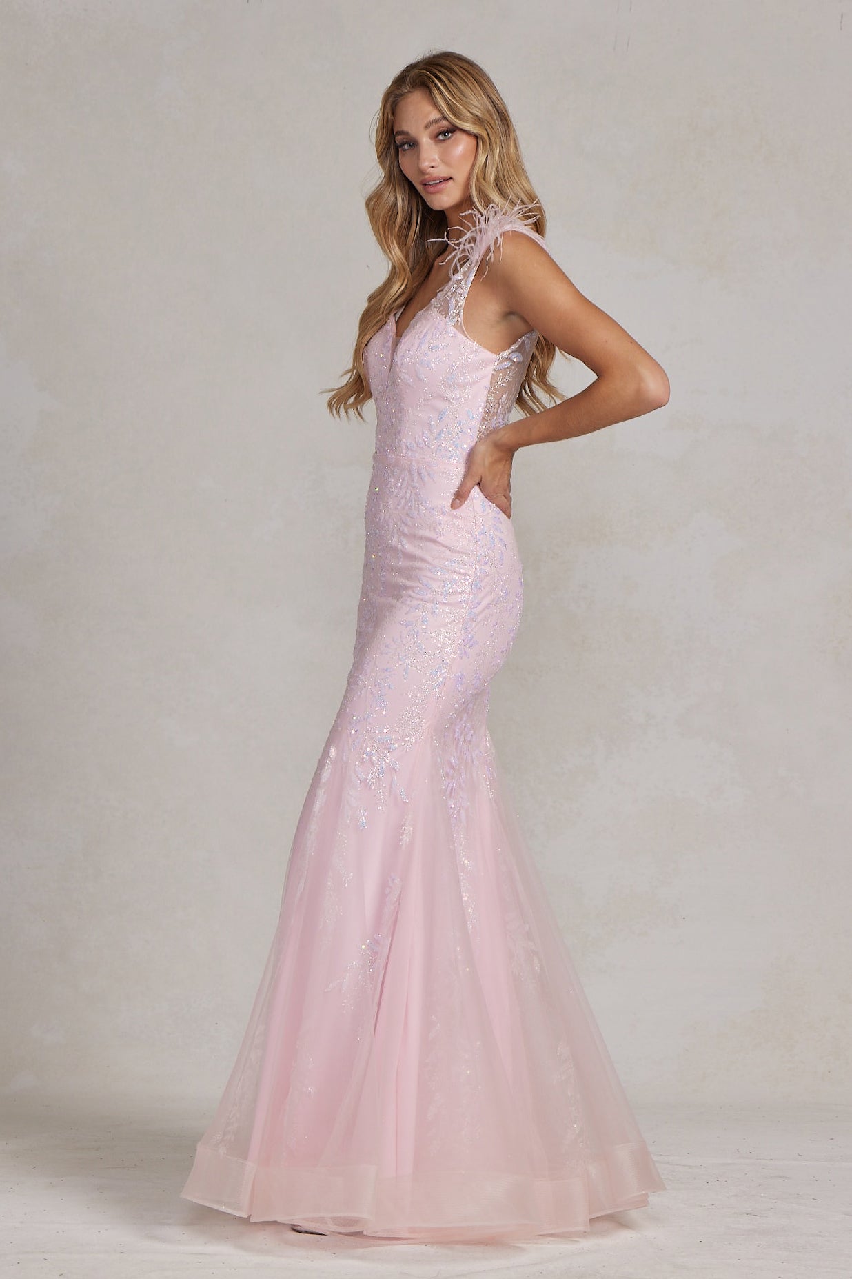 Illusion Sweetheart Straps Mermaid Feather Embellished Long Prom Dress NXT1208-Prom Dress-smcfashion.com