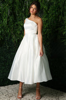 Open Back Strap Satin One Shoulder Midi Wedding Dress NXJE931W-Wedding Dress-smcfashion.com