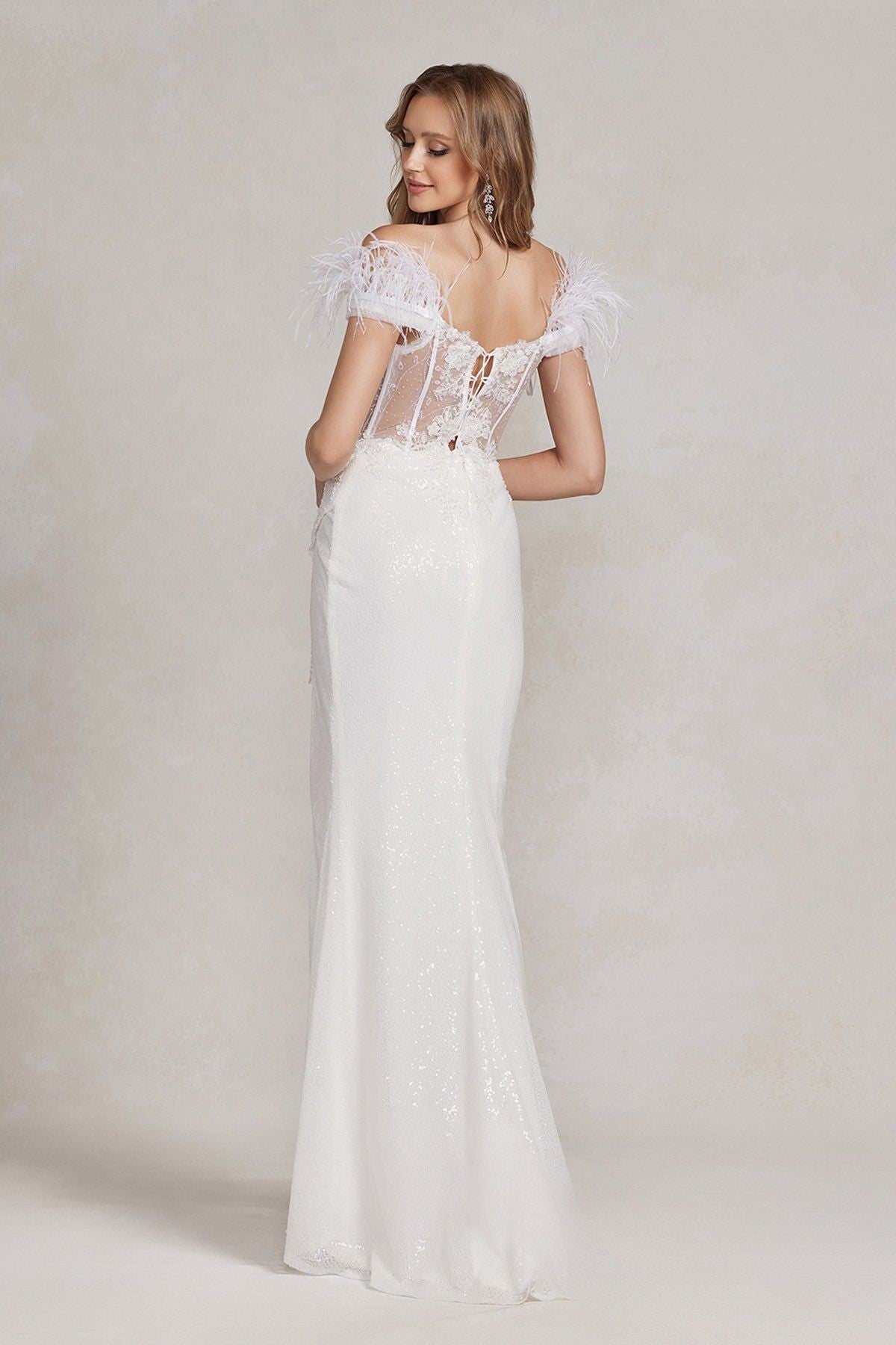 Feather Embellished Sheer Bodice Side Slit Long Wedding Dress NXS1229W-Wedding Dress-smcfashion.com