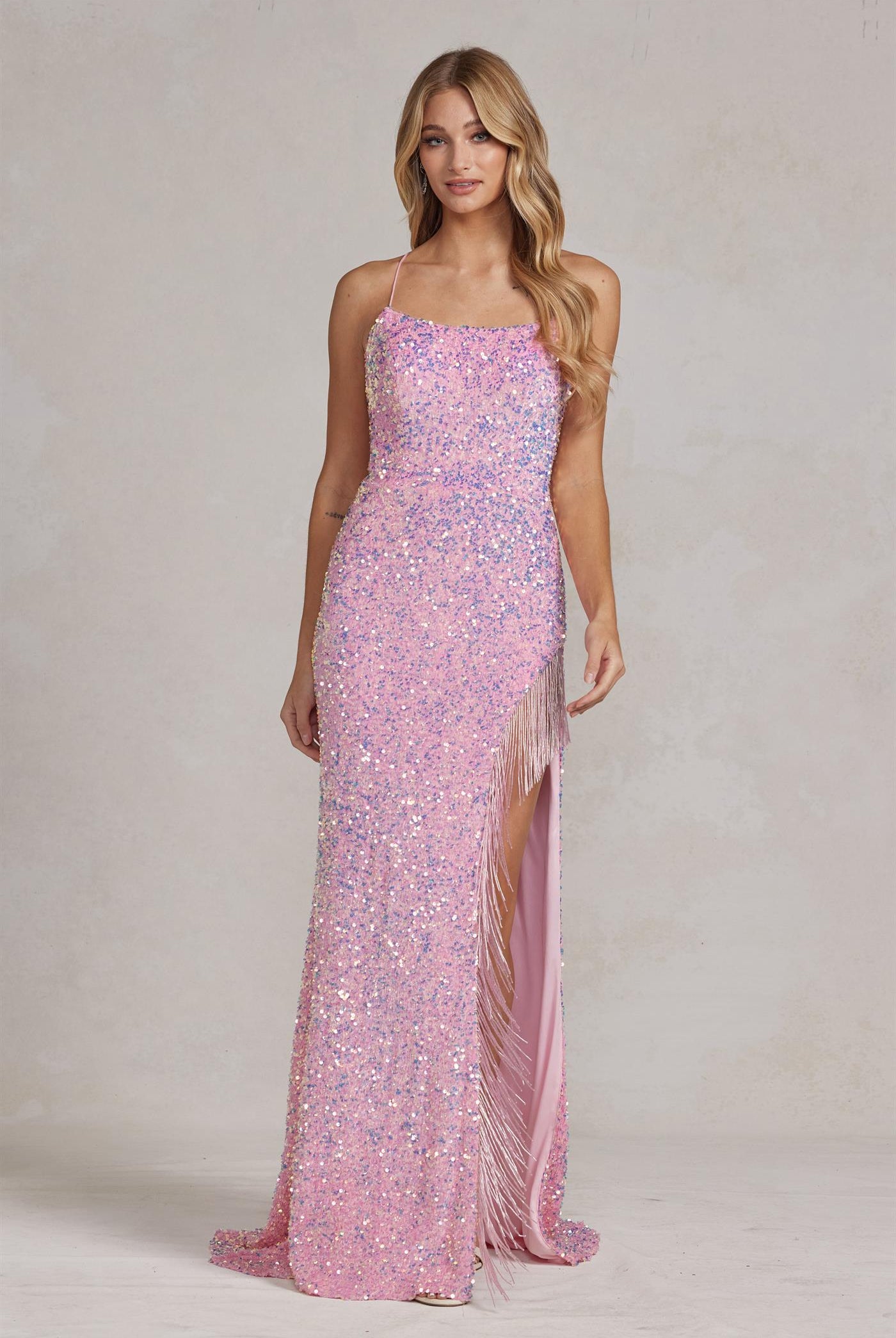 Embroidered Lace Spaghetti Straps Deep Side Slit Long Evening Dress NXT1209-Prom Dress-smcfashion.com