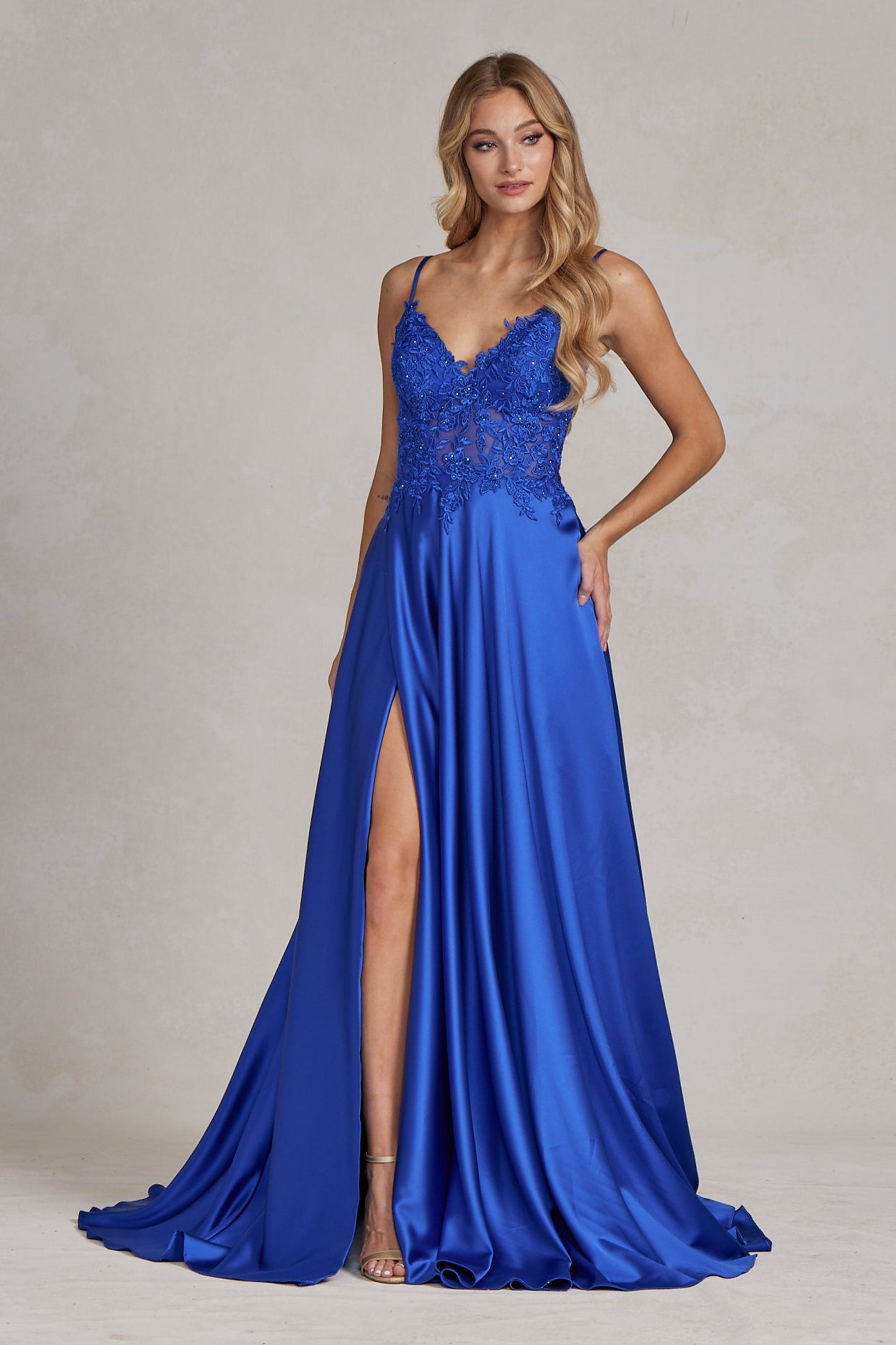 Delicate Lace Embellished A-Line Graduation Satin Gown w/ Side Pockets smcfashion.com Delicate Lace Embellished A-Line Graduation Satin Gown w/ Side Pockets smcfashion.com