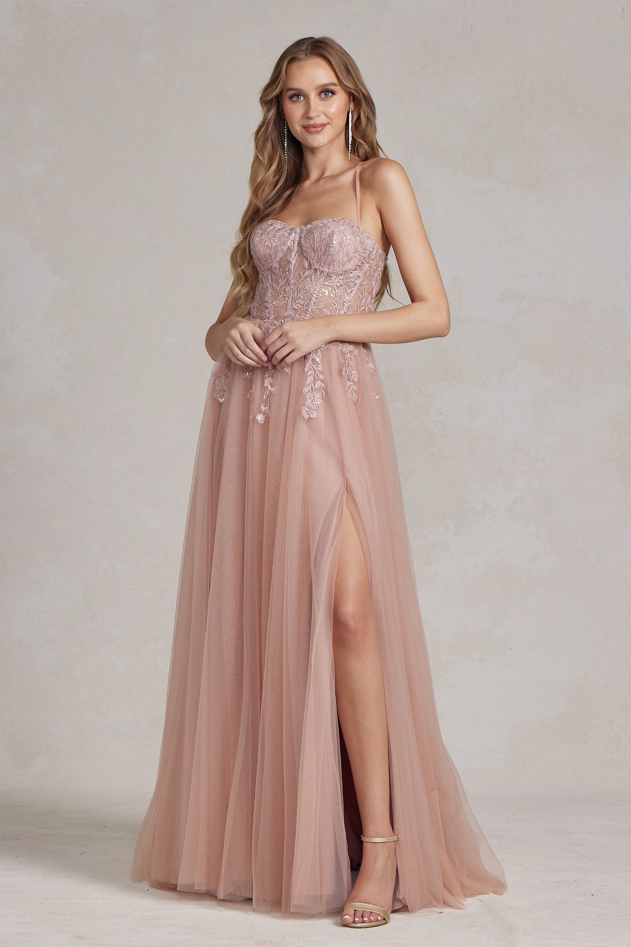 Embroidered Bodice Side Slit Tulle Skirt Long Prom Dress NXJ1089-Prom Dress-smcfashion.com