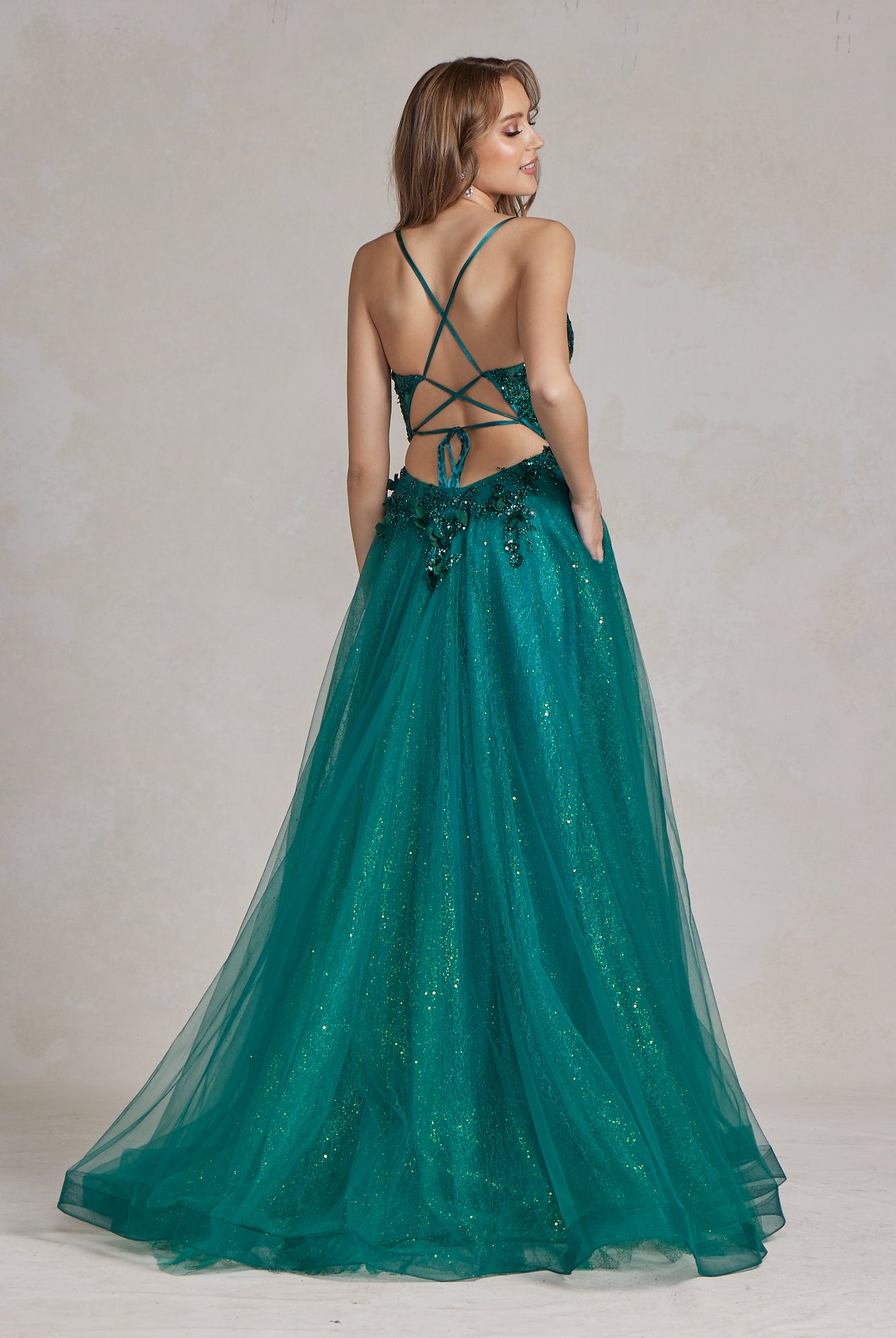 Tulle Skirt Embroidered Lace Open Criss Cross Back Long Prom Dress NXC1113-Prom Dress-smcfashion.com