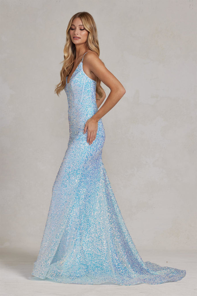 Embroidered Sequins Illusion V-Neck Open Back Mermaid Long Evening Dress NXC1094