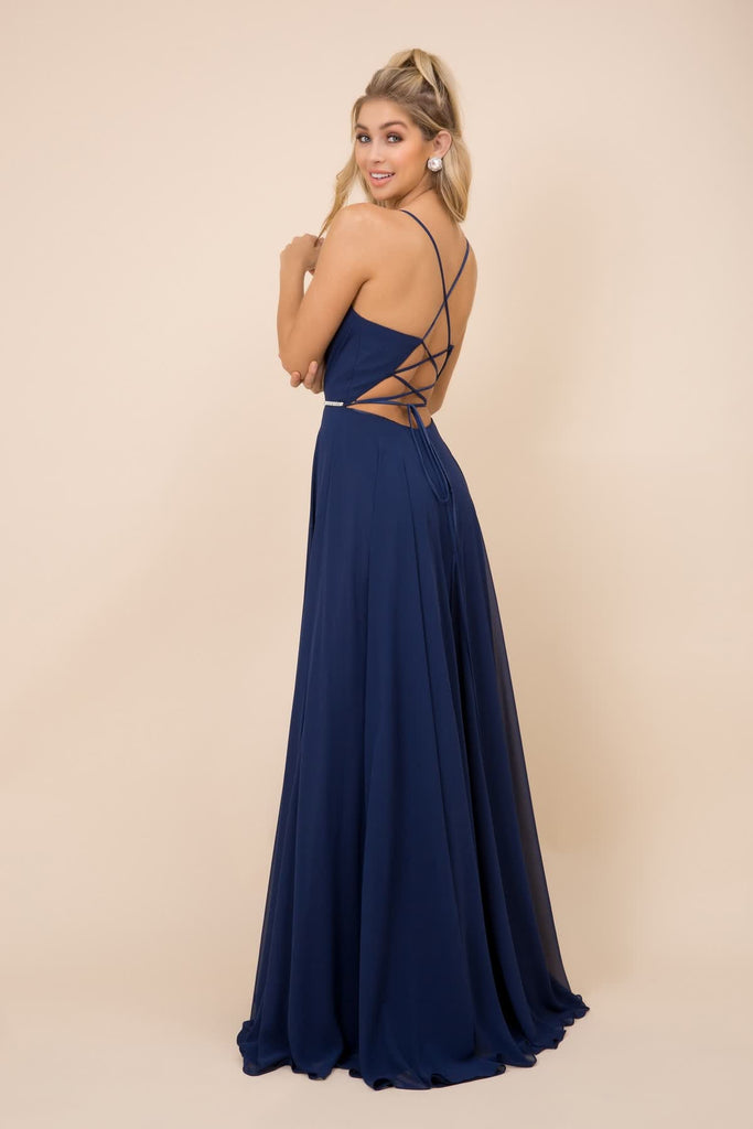 Sleeveless Tulle Simple V-Neck Chiffon Long Bridesmaid Dress NXR416