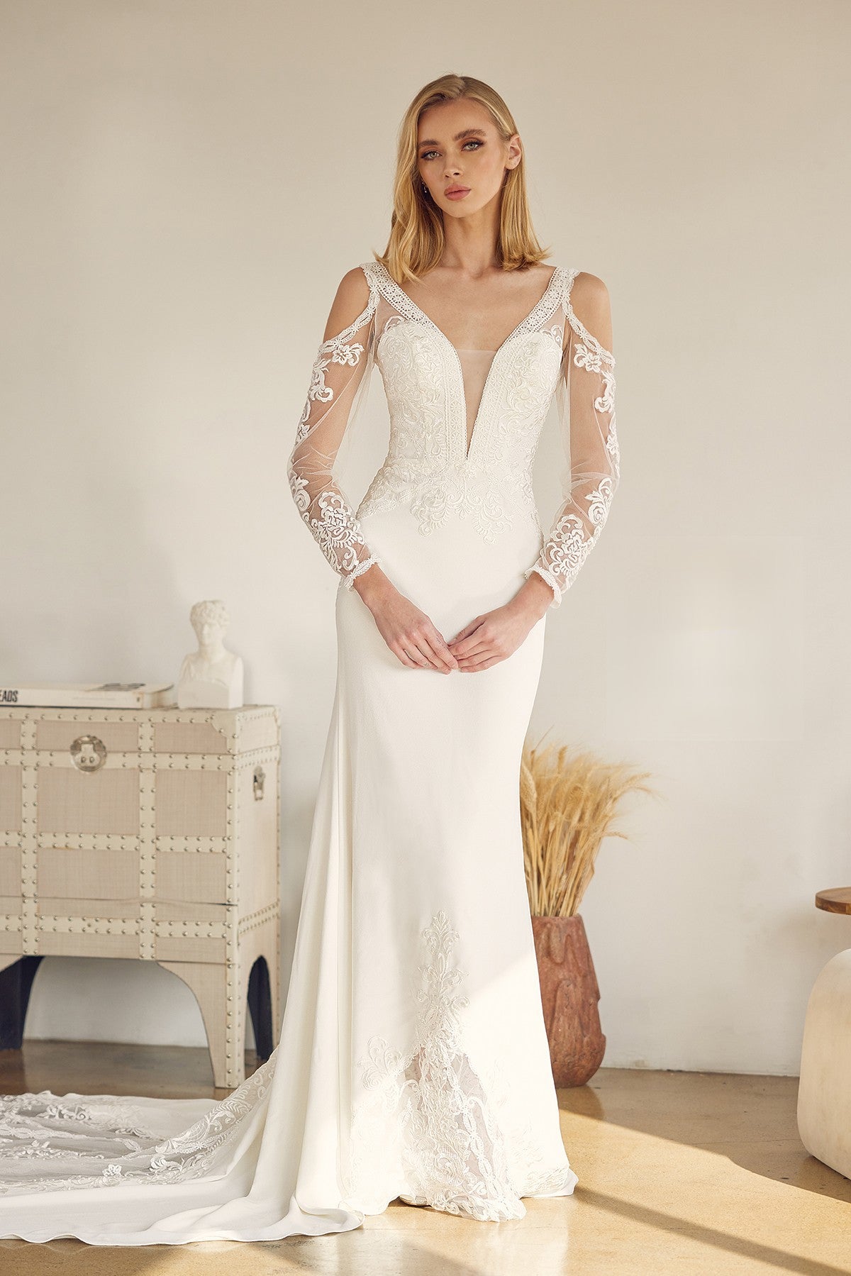 Embroidered Lace Illusion V-Neck Long Wedding Dress NXJE916-Wedding Dress-smcfashion.com