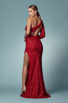 Embroidered Sequin One Shoulder Long Sleeve High Slit Long Prom Dress NXS1013-Prom Dress-smcfashion.com