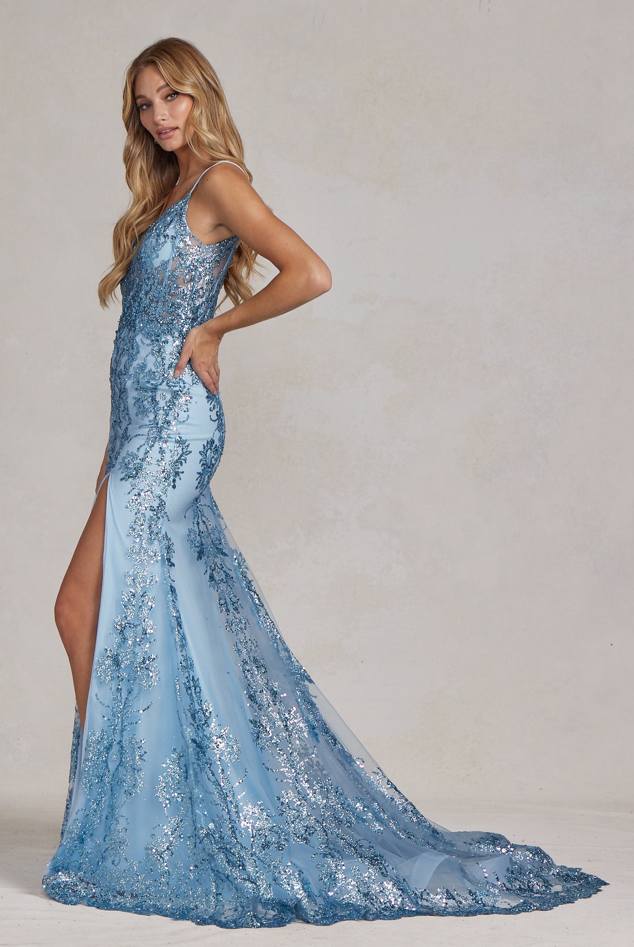 Embroidered Glitter Lace V-Neck Spaghetti Straps Long Prom Dress NXC1197-Prom Dress-smcfashion.com