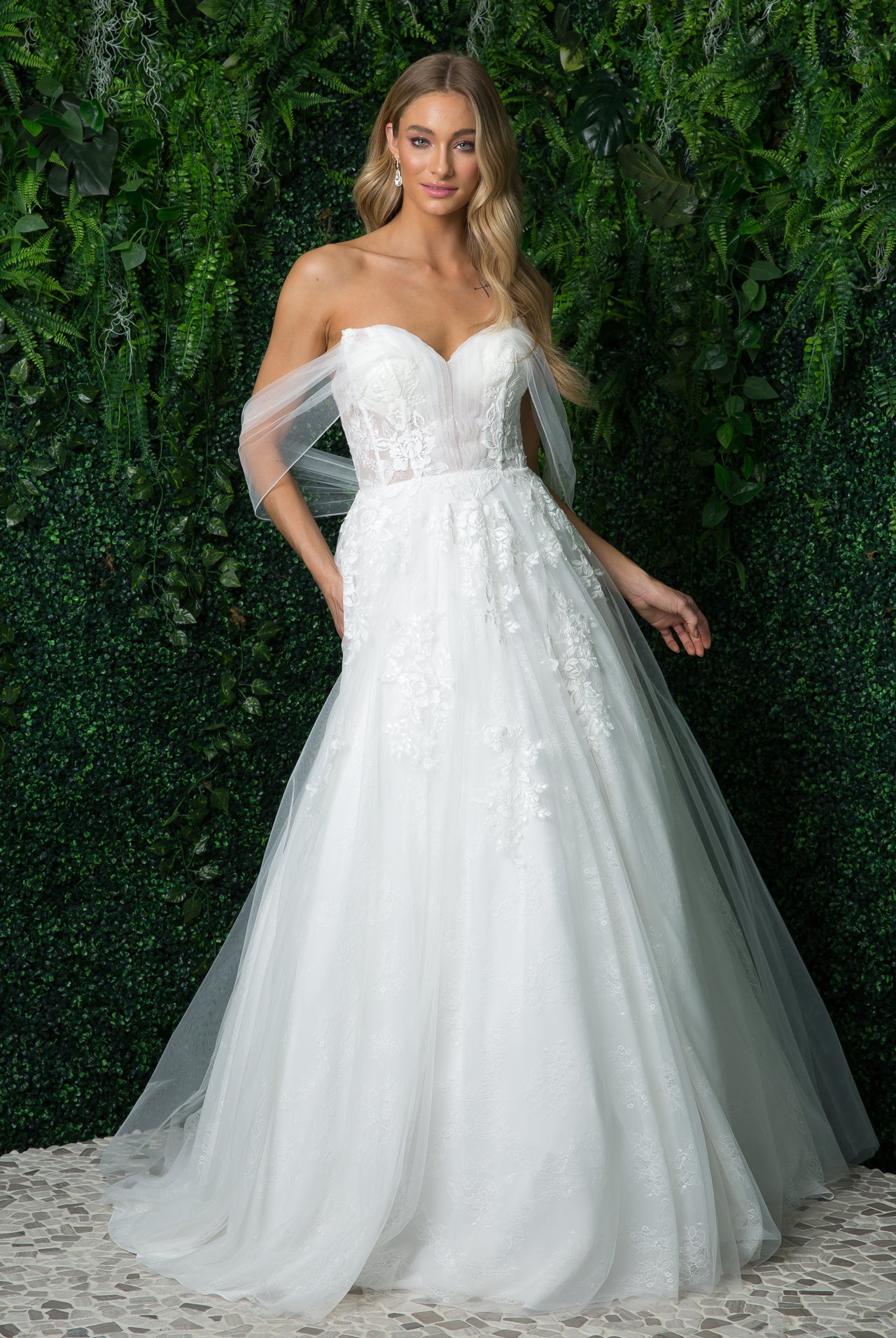 Off Shoulder A-Line Tulle Embroidered Lace Long Wedding Dress NXJE946-Wedding Dress-smcfashion.com