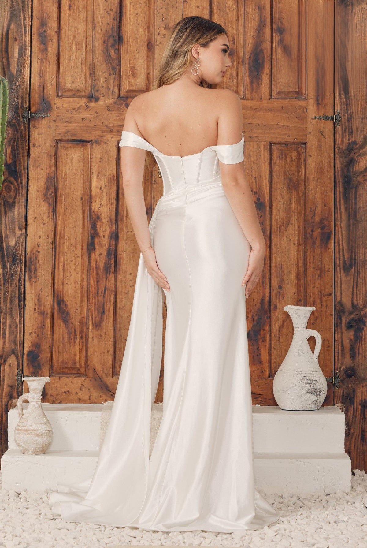 Bustier Borset Satin Detachable Off Shoulder Straps Long Wedding Dress NXE1043W-Wedding Dress-smcfashion.com