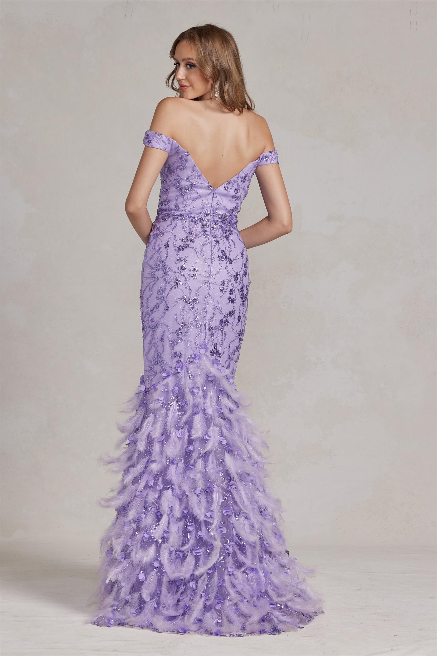 Off Shoulder Sweetheart Open Back Mermaid Feather Embellished Long Prom Dress NXC1106-Prom Dress-smcfashion.com