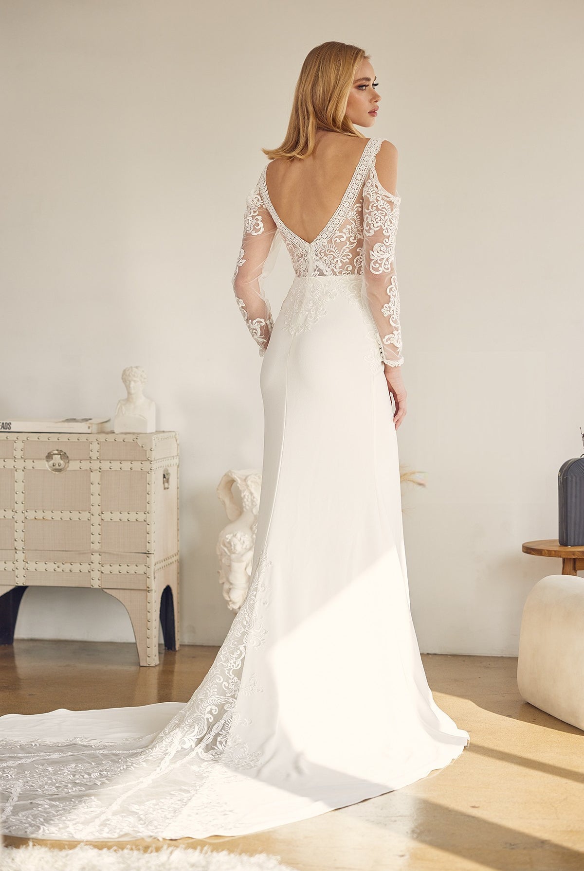 Embroidered Lace Illusion V-Neck Long Wedding Dress NXJE916-Wedding Dress-smcfashion.com