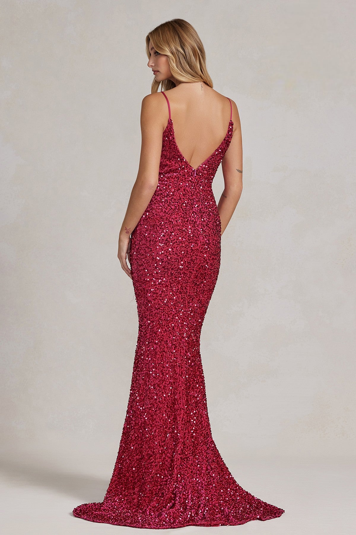 Mermaid Embroidered Sequins Sleeveless Open V-Back Long Evening Dress NXR1071-Evening Dress-smcfashion.com