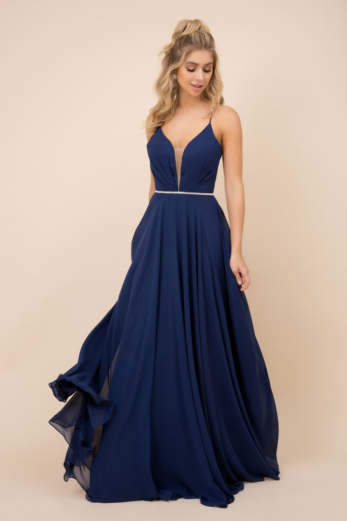 Sleeveless Tulle Simple V-Neck Chiffon Long Bridesmaid Dress NXR416