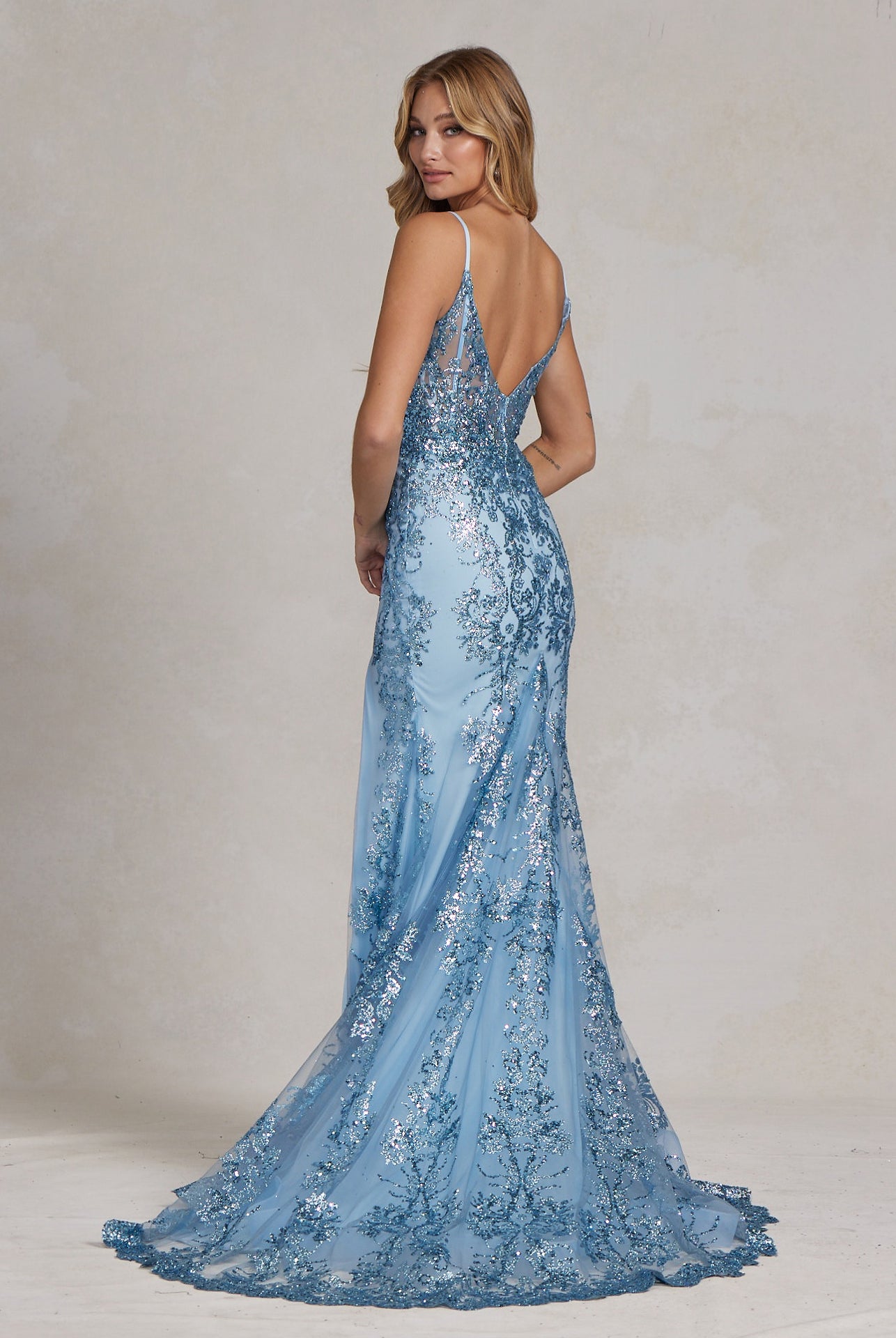 Embroidered Glitter Lace V-Neck Spaghetti Straps Long Prom Dress NXC1197-Prom Dress-smcfashion.com