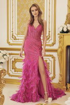 Embellished Feather Skirt V-Neck Open V-Back Side Slit Long Prom Dress NXC1119-Prom Dress-smcfashion.com