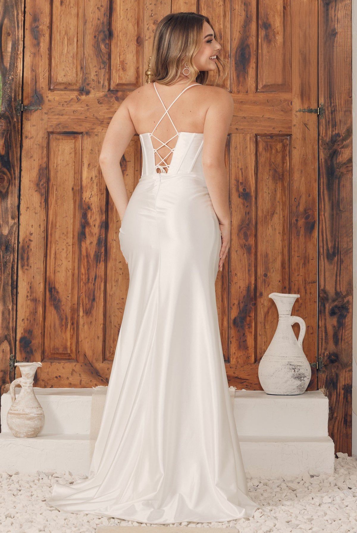 Cowl Neck Stretch Satin Bustier Corset High Slit Long Wedding Dress NXE1042W-Wedding Dress-smcfashion.com