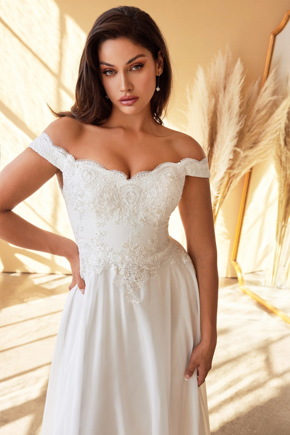 Off Shoulder Bridal Gown Modern Bride Floral Bodice Appliqued Embroide –  smcfashion.com