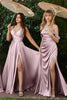 Satin High Leg Slit Prom & Bridesmaid Gown Off The Shoulder Elegant Dress Draped Bodice with Open Back CD7488 Sale