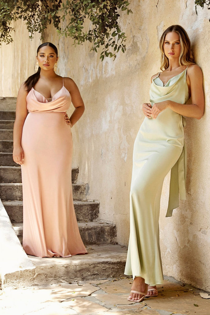 Fitted Satin Prom Dress Cowl Neckline Bodice with Tied Open Back Pretty Accent Bow Detail on the Back Cute and Pretty Gown CD7487 Sale