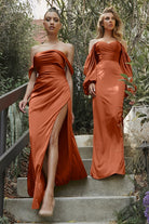 Long Sleeves OF or On Shoulder Prom & Bridesmaid Gown Soft Satin Dresses CD7482 Sale-Evening Dress-smcfashion.com