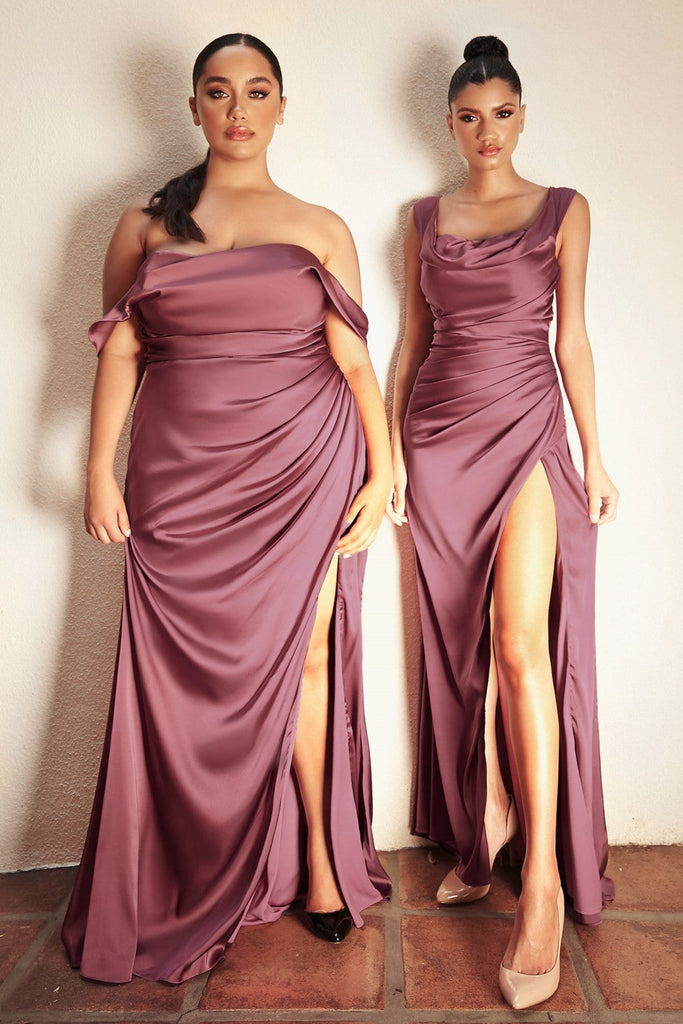 Satin High Leg Slit Prom & Bridesmaid Gown Off The Shoulder Elegant Dress Draped Bodice with Open Back CD7488 Sale