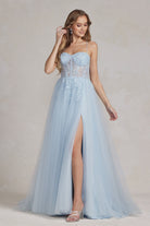 Embroidered Bodice Side Slit Tulle Skirt Long Prom Dress NXJ1089-Prom Dress-smcfashion.com