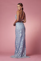 Embroidered Lace Illusion V-Neck Tulle Skirt Long Prom Dress NXF485-All Dresses-smcfashion.com
