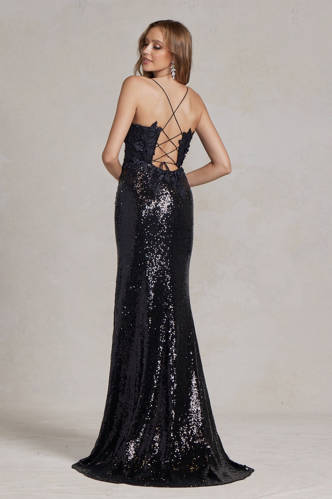 Side Slit Embroidered Applique Illusion V-Neck Long Evening Dress NXR1207-Evening Dress-smcfashion.com