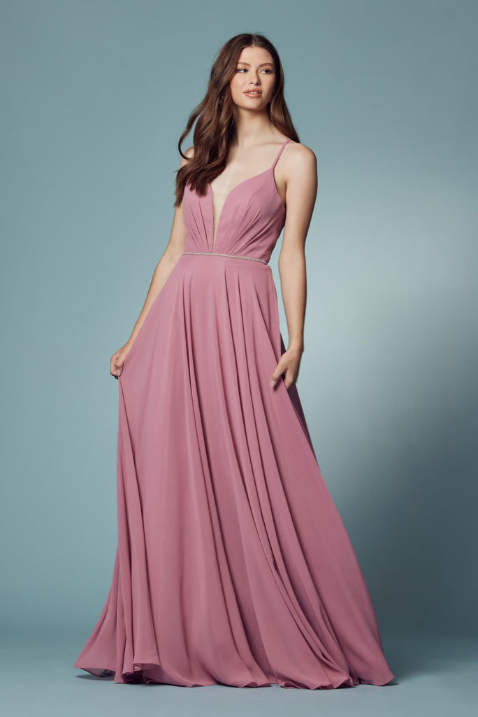 Sleeveless Tulle Simple V-Neck Chiffon Long Bridesmaid Dress NXR416