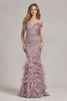 Off Shoulder Sweetheart Open Back Mermaid Feather Embellished Long Prom Dress NXC1106-Prom Dress-smcfashion.com