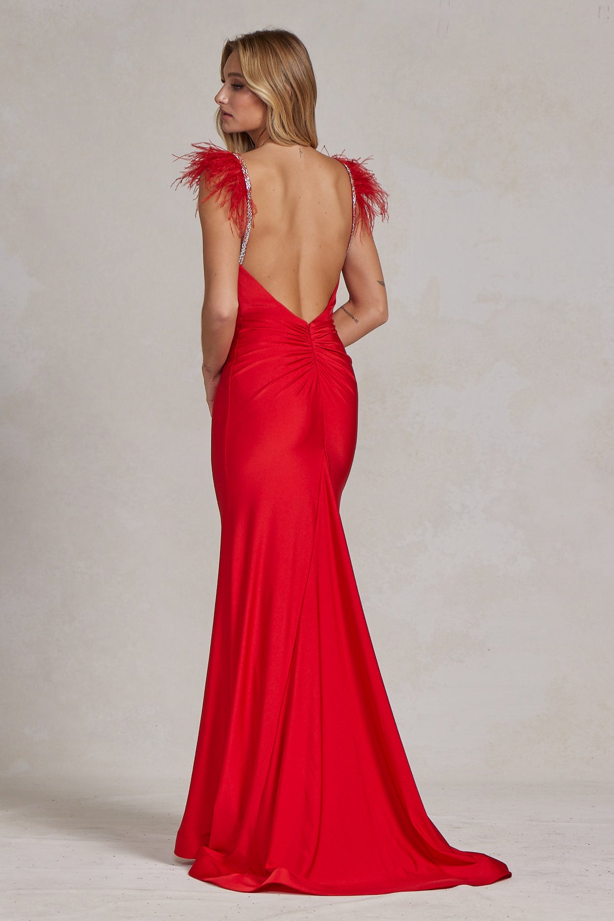 Mermaid Satin Embellished Feather Open Back Long Prom Dress NXT1138-Prom Dress-smcfashion.com