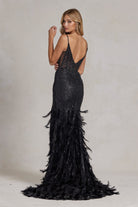 Embellished Feather Skirt V-Neck Open V-Back Side Slit Long Prom Dress NXC1119-Prom Dress-smcfashion.com