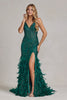 Embellished Feather Skirt V-Neck Open V-Back Side Slit Long Prom Dress NXC1119